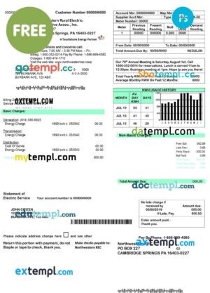 FREE editable template, USA Northwestern Rural Electric utility bill template, fully editable in Word and PDF format