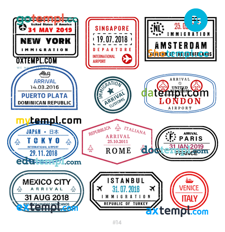 FREE editable template, USA Singapore Turkey travel stamp collection template of 12 PSD designs, with fonts
