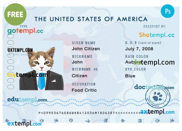 FREE editable template, USA cat (animal, pet) electronic passport PSD template, fully editable