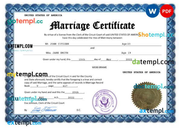 editable template, USA marriage certificate Word and PDF template, completely editable