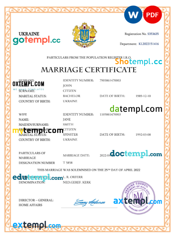 editable template, Ukraine marriage certificate Word and PDF template, completely editable
