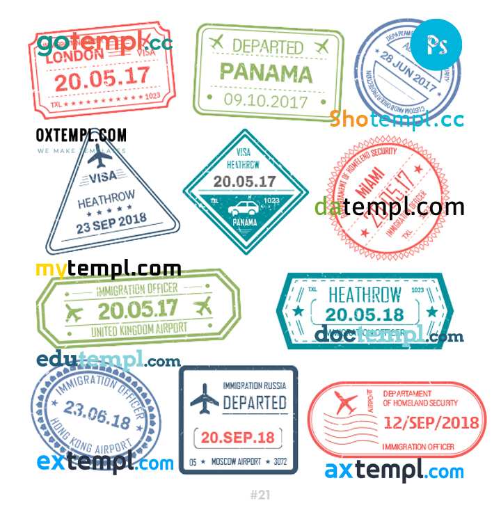 FREE editable template, United Kingdom Panama Hong Kong travel stamp collection template of 11 PSD designs, with fonts