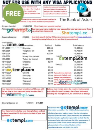 FREE editable template, United Kingdom The Bank of Aston bank statement template in Excel and PDF format