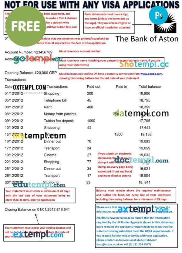FREE editable template, United Kingdom The Bank of Aston bank statement template in Word format