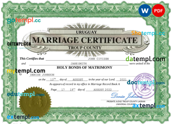 editable template, Uruguay marriage certificate Word and PDF template, fully editable