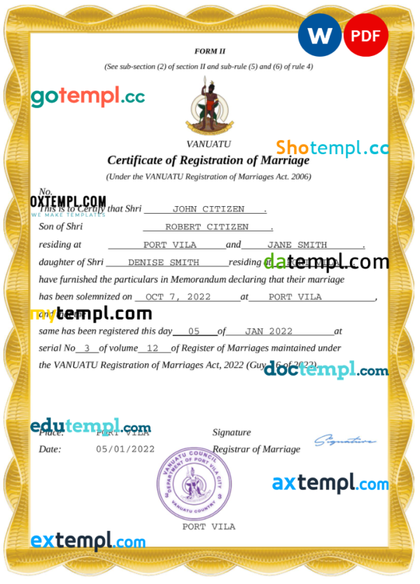 editable template, Vanuatu marriage certificate Word and PDF template, fully editable