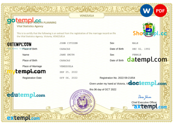editable template, Venezuela marriage certificate Word and PDF template, completely editable