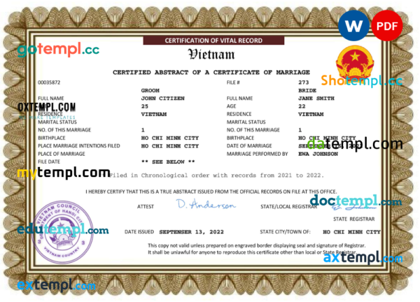 editable template, Vietnam marriage certificate Word and PDF template, fully editable