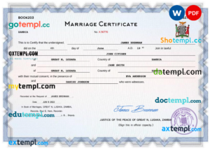 editable template, Zambia marriage certificate Word and PDF template, fully editable