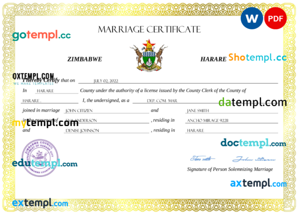 editable template, Zimbabwe marriage certificate Word and PDF template, completely editable