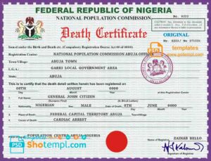 editable template, Nigeria vital record death certificate PSD template, version 2