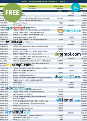 FREE editable template, real 30 random bank transactions Excel and PDF template