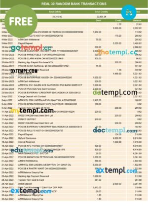 FREE editable template, real 30 random bank transactions Word and PDF template