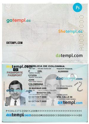 editable template, Colombia passport template in PSD format, fully editable, 2019 – present