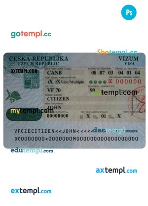 editable template, CZECH REPUBLIC entrance visa PSD template, with fonts