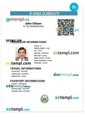 editable template, DJIBOUTI electronic travel visa PSD template, with fonts