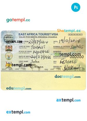 editable template, EAST AFRICA tourist visa PSD template, completely editable, with fonts