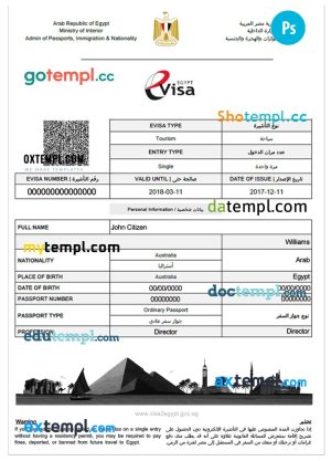 editable template, EGYPT electronic entry visa PSD template, fully editable