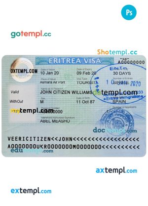 editable template, ERITREA entry visa PSD template, with fonts