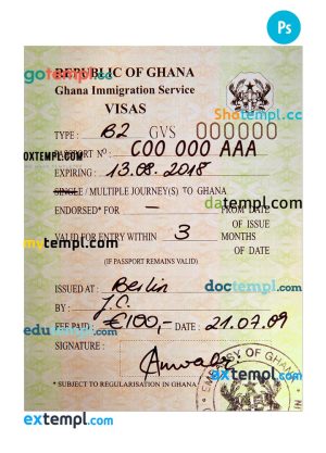 editable template, GHANA travel visa PSD template, with fonts