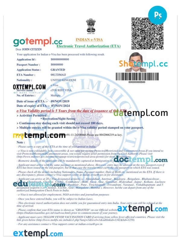 editable template, INDIA electronic visa PSD template, fully editable