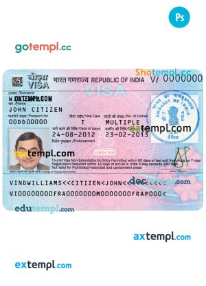 editable template, INDIA tourist visa PSD template, completely editable, with fonts