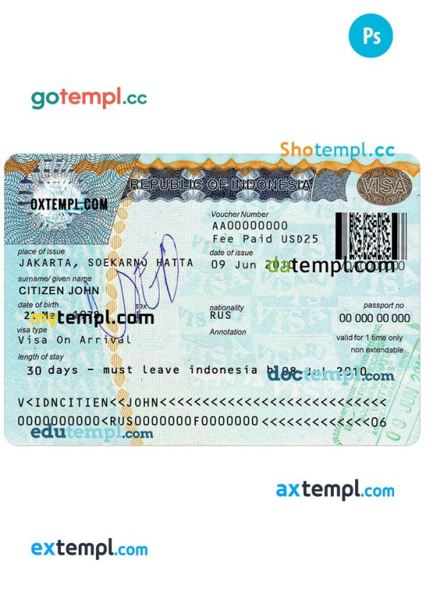 editable template, INDONESIA travel visa PSD template, with fonts