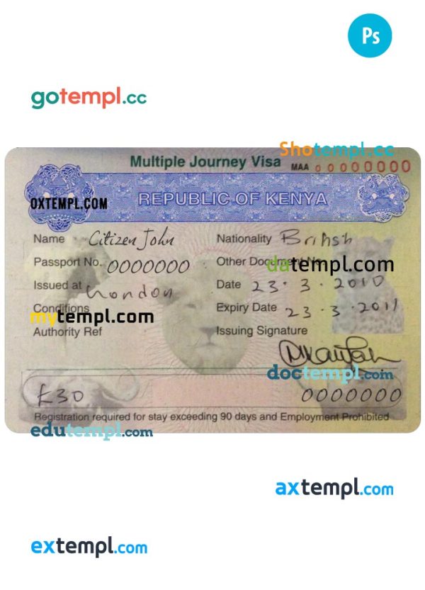 editable template, KENYA multiple journey visa PSD template, completely editable, with fonts