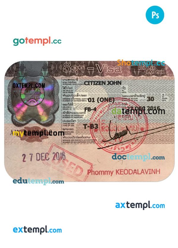 editable template, LAOS travel visa PSD template, completely editable, with fonts