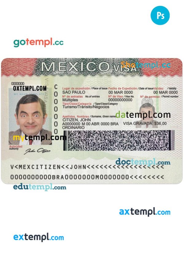 editable template, Mexico tourist visa PSD template, completely editable, with fonts