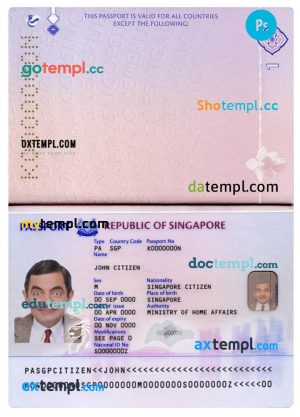 plantilla editable, plantilla de pasaporte de Singapur en formato PSD, totalmente editable, 2017-presente