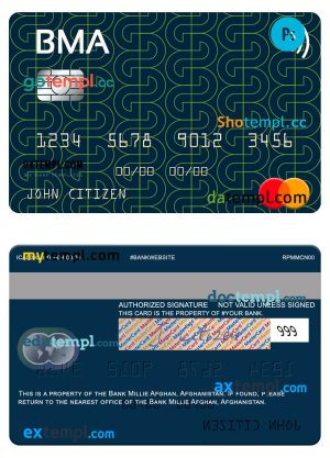 editable template, Afghanistan Bank Millie Afghan mastercard template in PSD format