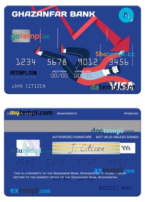 editable template, Afghanistan Ghazanfar Bank visa card template in PSD format