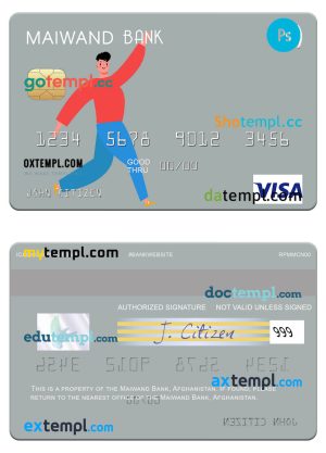 editable template, Afghanistan Maiwand Bank visa card template in PSD format