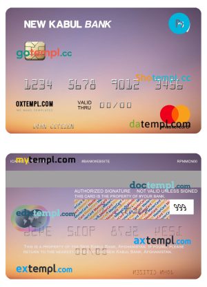 editable template, Afghanistan New Kabul Bank mastercard template in PSD format
