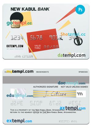 editable template, Afghanistan New Kabul Bank visa card template in PSD format