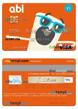 editable template, Albania American Bank of Investments (ABI) visa card template in PSD format