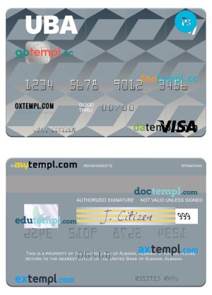 editable template, Albania United Bank of Albania visa card template in PSD format
