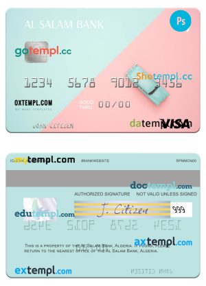 editable template, Algeria Al Salam Bank visa card template in PSD format