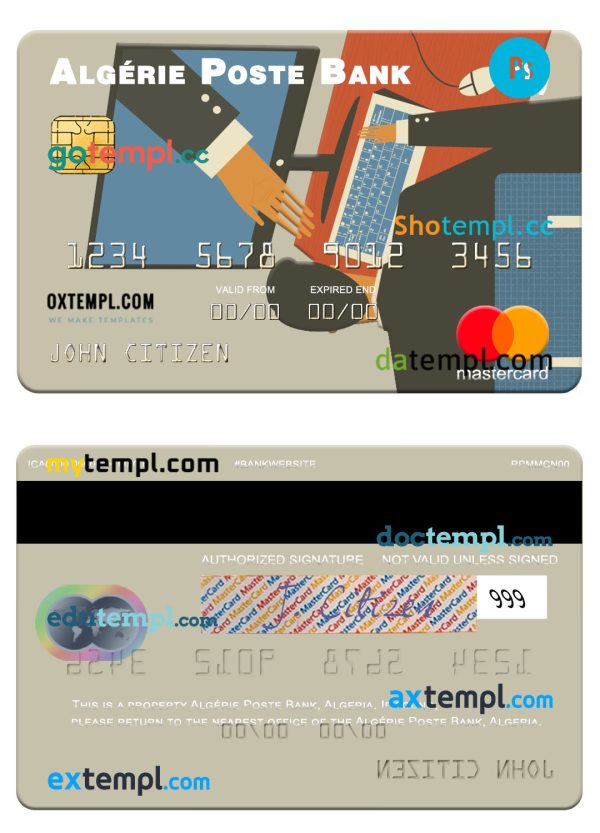 editable template, Algeria Algérie Poste Bank mastercard template in PSD format