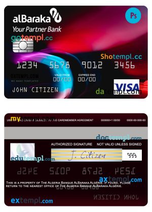 editable template, Algeria Banque AlBaraka Algérie visa card template in PSD format