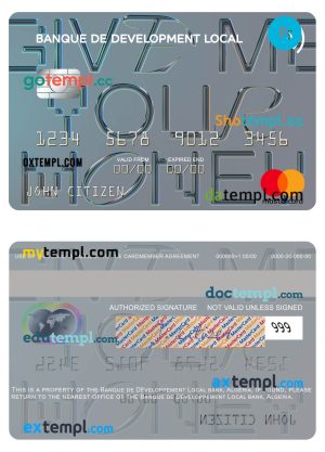 editable template, Algeria Banque de Développement Local mastercard template in PSD format