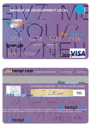 editable template, Algeria Banque de Développement Local visa card template in PSD format