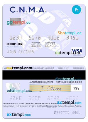 editable template, Algeria Caisse Nationale de Mutualité Agricole visa card template in PSD format