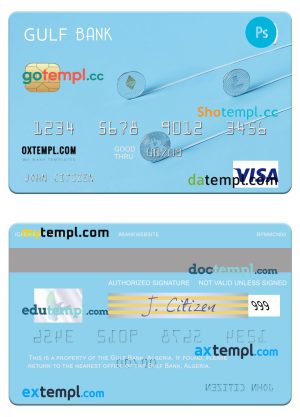 editable template, Algeria Gulf Bank visa card template in PSD format