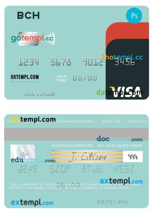 editable template, Angola Banco Comercial do Huambo visa card template in PSD format