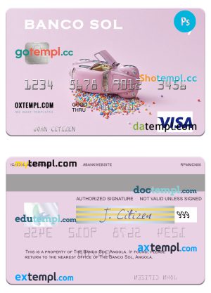 editable template, Angola Banco Sol visa card template in PSD format