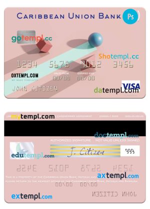 editable template, Antigua and Barbuda Caribbean Union Bank visa card template in PSD format