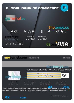 editable template, Antigua and Barbuda Global Bank of Commerce visa card template in PSD format