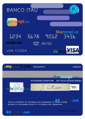editable template, Argentina Banco Itaú visa card template in PSD format